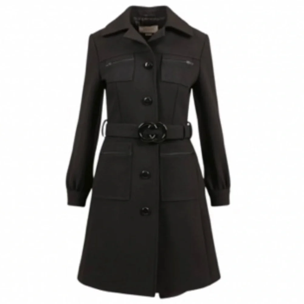 GUCCI black wool jacket large logo belt button down cuff long coat Luxury NWT - Picture 2 of 14